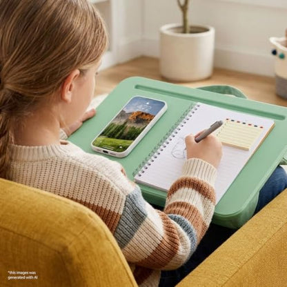 LAPGEAR Compact Lap Desk – Sage Green, Fits 14" Laptops | Microbead Cushion, Built-In Pencil Slot, Carry Handle, Fits Standard Letter-Size Paper (8.5" × 11") - color: Sage Green, size: 14″ Laptop (Compact)