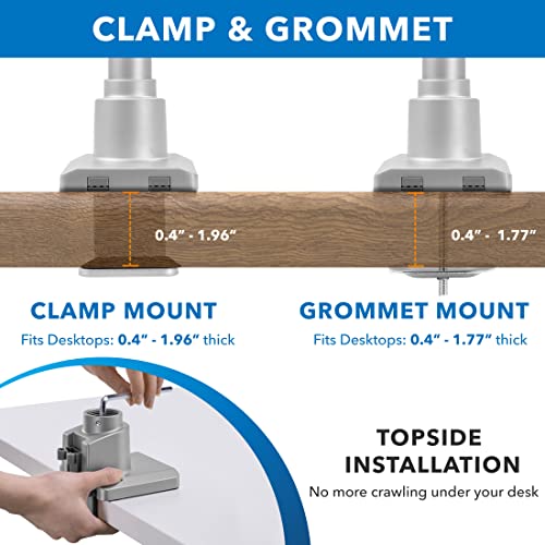 Mount-It! Single Monitor Desk Mount – Pole Mounted Gas Spring Arm, Full Motion Height Adjustable Monitor Stand with C-Clamp or Grommet Base, Fits 19–32 Inch Screens, Silver