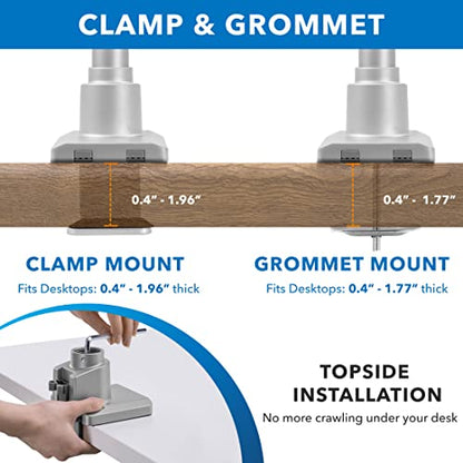 Mount-It! Single Monitor Desk Mount – Pole Mounted Gas Spring Arm, Full Motion Height Adjustable Monitor Stand with C-Clamp or Grommet Base, Fits 19–32 Inch Screens, Silver