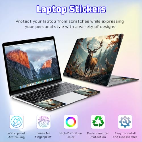 Universal Laptop Skin Sticker Decal, Compatible with MacBook HP Dell Lenovo 12"-15.6", Reusable Vinyl Notebook Cover 3PCS Set, High-Recognition Film-Majestic Forest Deer Mountains - color: Majestic Forest Deer Mountains