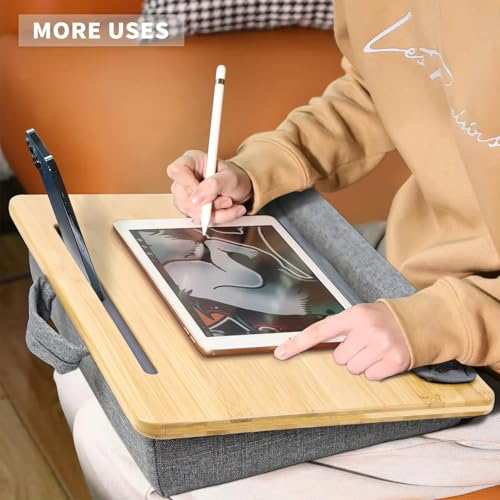 Bamboo Lap Desk for Laptop with Cushion Tablet Phone Holder Handle | Laptop Stand with Anti-Slip Strip Fits up to 15.6 inch Portable Computer Lap Desk for Couch, Bed & Car - size: 16.5"x13.4" Fixed