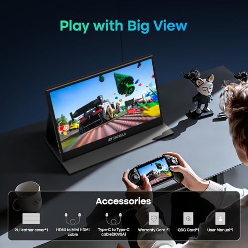 SANSUI Portable Monitor 15.6 Inch FHD 1080P Travel Monitor for Laptop, USB C HDMI Ultra-Thin IPS Computer Display with Speakers & PU Leather Stand Cover, for PC Mac mini Phone Switch Gaming - size: 15.6