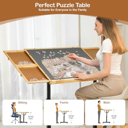 Solid Wood Jigsaw Puzzle Table with Drawers & Lockable Wheels, Tilting Puzzle Board 0-90° Adjustable, 1500 Pieces Puzzle Board with Legs, 37.4” x 27.9“ Portable Puzzle Table with Legs - color: Grey