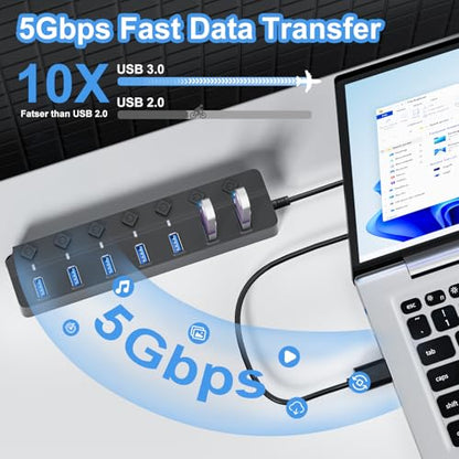 USB Hub 7 Port, USB Splitter with Individual On/Off Switches and Lights | USB 3.0 Hub with 3.3ft Cable, Extender for A Port Laptop, PC, Desktop-Gray - color: Gray