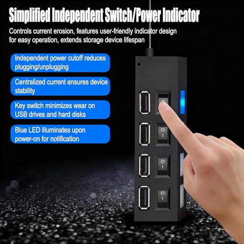 4-Port USB Hub with LED Indicators, 3.0 High-Speed Ports & 7.0 Ports, 5V Powered, Independent Switching for Keyboards, Mice, and Memory Cards, Compact Design for Computer Peripherals