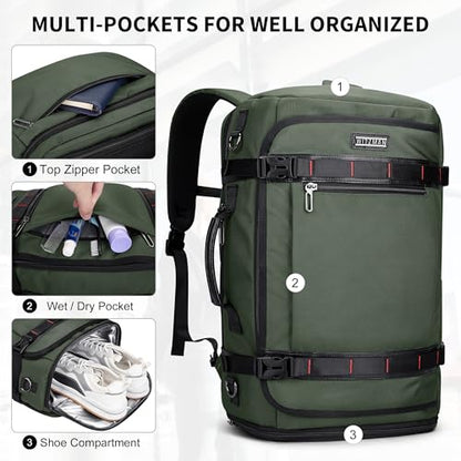 WITZMAN Travel Backpack for Men 35L TSA Friendly Flight Approved | Nylon Laptop Backpack Multi-pocket Fits 16 Inch, Carry-on Luggage, Shoe Compartment, For Business Trip, Vacation, B718 Green - color: Army Green