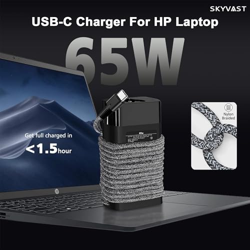 Slim 65W USB-C Laptop Charger Compatible with HP EliteBook 840 830 850 640 650 G7 G8 G9 G10,ProBook 440 450 G8 G9,Spectre Chromebook x360,Durable Braided Type C Travel AC Adapter Power Supply
