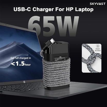 Slim 65W USB-C Laptop Charger Compatible with HP EliteBook 840 830 850 640 650 G7 G8 G9 G10,ProBook 440 450 G8 G9,Spectre Chromebook x360,Durable Braided Type C Travel AC Adapter Power Supply