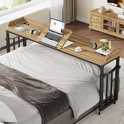 71 in Queen Size Overbed Table with Wheels, Light Brown | Height Adjustable, Bed Table with Adjustable Tilt Board, Mobile Laptop Cart Computer Desk with Power Outlets, USB Ports - color: Light Brown