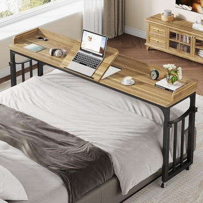 71 in Queen Size Overbed Table with Wheels, Light Brown | Height Adjustable, Bed Table with Adjustable Tilt Board, Mobile Laptop Cart Computer Desk with Power Outlets, USB Ports - color: Light Brown