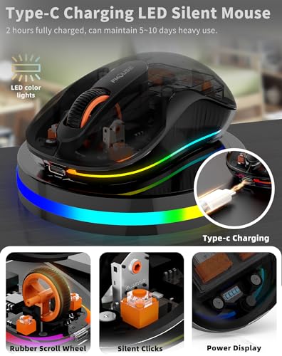 Bluetooth Wireless Mouse, Transparent RGB Tri-Modes Mouse,Bluetooth & 2.4GHz for Multi Device, USB-C Receiver Ideal for MacBook/Laptops, Rechargeable, Silent, Portable, Cool LED, Ergonomic - Black - color: Black
