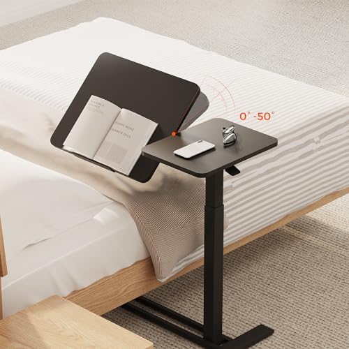 28''Pneumatic Overbed Tilting Bedside Table,Small Desk with Wheels | 27.6"x15.7" Black Single-Side Flip Tabletop,Hospital Medical Bedside Table,Overbed Table with Wheels,Small Standing Desk - color: Black, size: Small