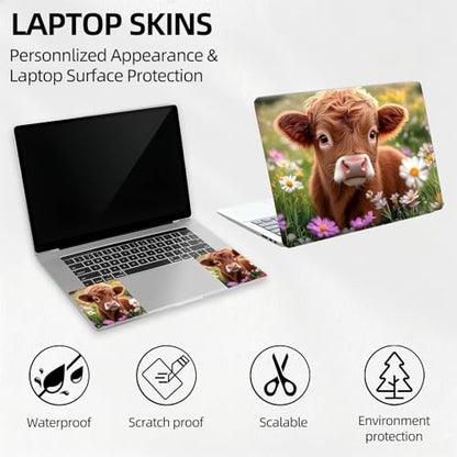 Highland Cow in Spring Field Universal Laptop Skin Sticker 3PCS, Protective Decal Trim-to-Fit 11.6" 13.3" 14" 15.6" Laptop Vinyl Cover, Removable Anti-Scratch Computer Decal Protector - color: Highland Cow In Spring Field