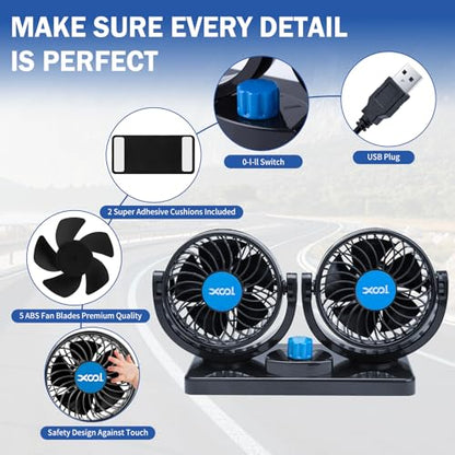 XOOL USB Car Cooling Fans, 2 Speeds Dual Head Car Fan, 360° Rotatable, 5V/2A Powerful Car Fans that Blow Cold Air, Portable Car Fans for Vehicles, SUV, RV, Boat (USB Plug) - size: USB Dual Fan - Front