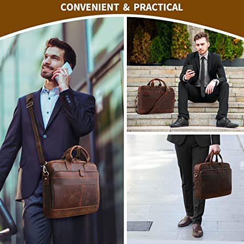 Jack&Chris Full Grain Leather Briefcase for Men, Business Messenger Bag Laptop Bag Attache Case, Fits 15.6 Inch Laptop - color: Red Brow-15.6inch