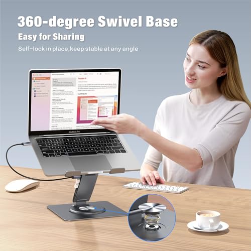 Adjustable Laptop Stand for Desk with Docking Station 9-in-1, Aluminum Laptop Riser with USB Hub, 360° Swivel, Dual Display 4K60Hz HDMI, 3 USB3.0, 100W PD Charging, for MacBook Pro Air/Dell/HP 7-15.6" - size: 9-in-1 Hub Laptop Stand