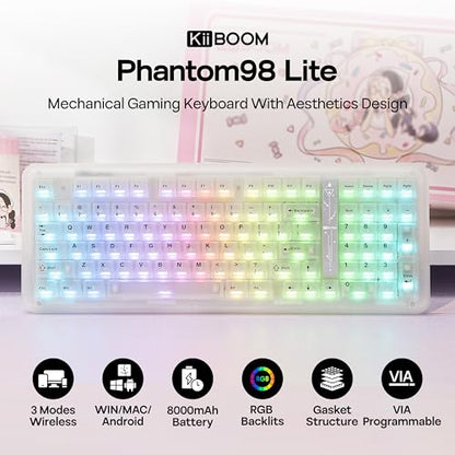 KiiBoom Phantom98 Lite 96% Wireless Mechanical Gaming Keyboard, VIA Programmable, Creamy Keyboard with Gasket, 8000mAh Battery, Hot Swap, RGB Backlits, NKRO for Win/Mac (Clear, Mochi Switch) - color: Clear, size: Mochi Switch
