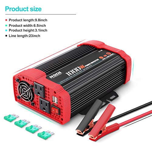 1000W Car Power Inverter | DC 12V to AC 110V Car Inverter with Dual AC Outlets and Dual 3.1A Quick Charging USB Port Car Adapter - size: 1000W