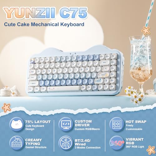 YUNZII C75 Cute 75% Wireless Mechanical Keyboard (Blue, Candy Switch) | Creamy Cake Keyboard, BT5.0/2.4G/USB-C, Hot-Swap, NKRO, PBT MOA Keycaps,5500mAh RGB Gasket Mount for Mac/Win/Gaming/Office - color: Blue, size: Candy Switch