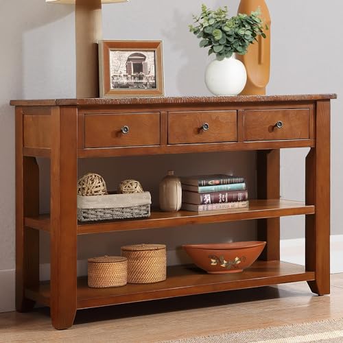 Modern Farmhouse Entryway Console Table 48 Inch Wood Sofa Table with 3 Drawers & 2-Tier Storage Shelves for Living Room, Foyer, Hallway Furniture, Easy Assembly (Brown) - color: # Brown