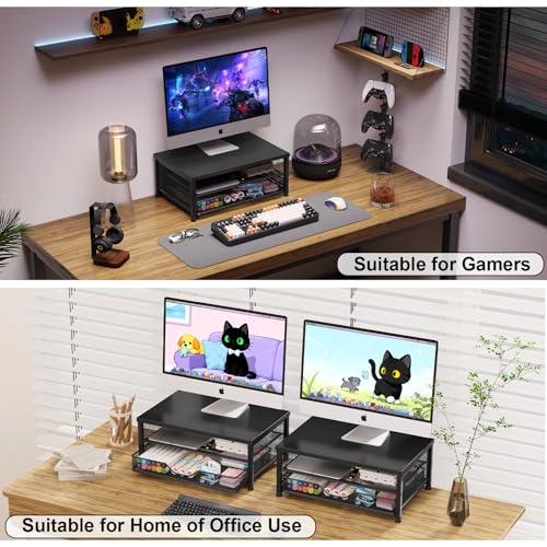 OPNICE Computer Monitor Stand Riser, Desk Organizer with Drawer, Printer & Laptop Stand, Office Desk Accessories & Workspace Desktop Organizers Storage for Office Supplies(Black)