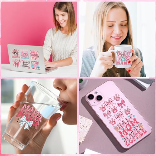 Rngmsi 20 Sheets Mom UV DTF Cup Wrap, Mama Waterproof Cold UV DTF Stickers | Pink Bow Aesthetic Uvdtf Stickers, Rainbow Flower Affirmative Rub on Transfer Decals, DIY Crafts - style: Mama