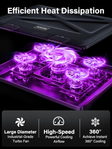Kootek Laptop Cooling Pad Cooler Stand with 5 Quiet Fans for 12"-17" Laptop | 5 Fans, USB Powered, Laptop Cooling Stand with 2 USB Hub, 6 Adjustable Height, 360° Cooling Coverage, Anti-Slip, Purple LED - color: Purple
