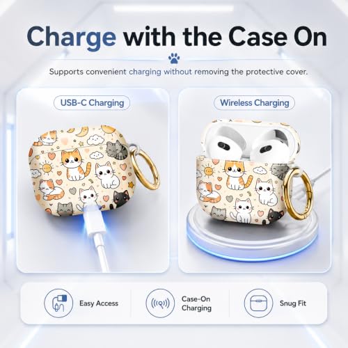Compatible with AirPod 4 Case 2024, Cute Hard Plastic Protective Cover for Airpod 4th Generation Women, Shockproof Shell Skin with Gold Ring Keychain,Cute Cats Hearts Clouds Sun Moon Stars - color: Cute Cats Hearts Clouds Sun Moon Stars