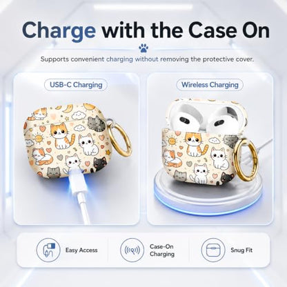 Compatible with AirPod 4 Case 2024, Cute Hard Plastic Protective Cover for Airpod 4th Generation Women, Shockproof Shell Skin with Gold Ring Keychain,Cute Cats Hearts Clouds Sun Moon Stars - color: Cute Cats Hearts Clouds Sun Moon Stars