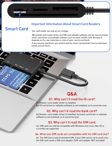 SIM Card Adapter for Computer - 7 in 1 CAC Smart Card Reader Military, MS Pro Duo/SD/TF/M2/ID/IC/PIV/SIM Card Reader, Memory Stick Pro Duo Adapter SIM Card Reader for Computer,PC,Windows,Linux,MacOS - color: USB A SIM Reader,Black