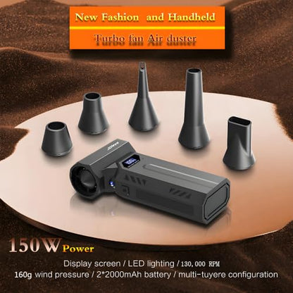Portable 150W High Speed Turbo Fan air Duster ,130,000RPM led Display 4 Levels Wind Speed and Power, Blowing and Inflating Feature,for Home,outdoor,Car Cordless Air Duster and Rechargeable.Black