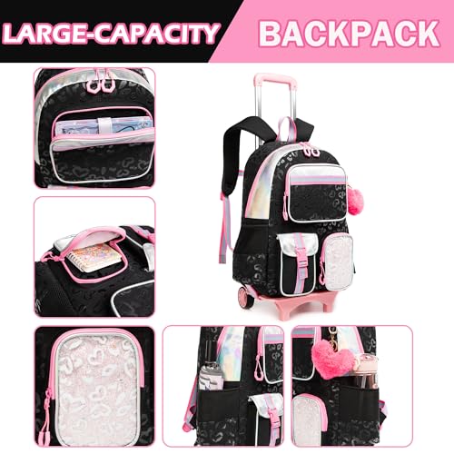 Meetbelify Backpack with Wheels for Girls Rolling Backpack Cute Carry on Backpack for Elementary Student - color: Black