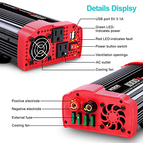 1000W Car Power Inverter | DC 12V to AC 110V Car Inverter with Dual AC Outlets and Dual 3.1A Quick Charging USB Port Car Adapter - size: 1000W