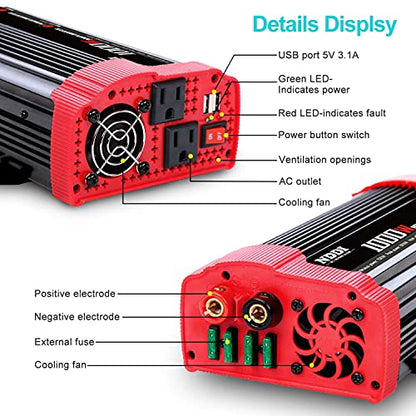 1000W Car Power Inverter | DC 12V to AC 110V Car Inverter with Dual AC Outlets and Dual 3.1A Quick Charging USB Port Car Adapter - size: 1000W