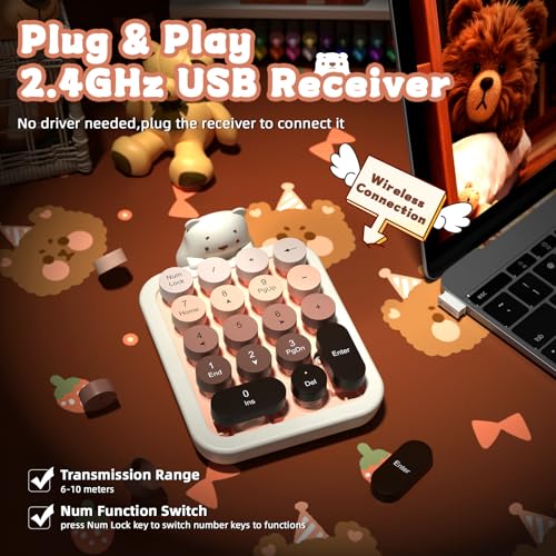 FELICON Cute Wireless Numeric Keypad with Silicon Bear,18-Key-Milk Coffee | Colorful Round Keycaps,Ergonomic,2.4Ghz USB Receiver,Portable Financial Accounting Numpad Membrane Keyboard for PC,Mac,Laptop - color: Milk Tea