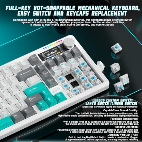 LINGBAO K98 PRO 96% Wireless Mechanical Gaming Keyboard with Screen & Knob | Tri-Mode BT5.0/2.4G/USB-C, Gasket Mount Hot Swappable Linear Switches, RGB Backlit Creamy Sounding for PC/Mac Office& Gaming - color: K98Pro | 10000mAh | White Blue Grey