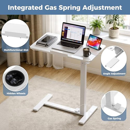 DUMOS Adjustable Rolling Desk, Standing Desks, Overbed Table | Mobile Hidden Wheels, Portable Laptop Computer Workstation, Bed Sofa Couch Use, Milk - color: Milky