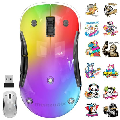memzuoix 2.4G LED Wireless Mouse, Rechargeable Ergonomic Mouse with Detachable Cover, 1200 DPI Portable Optical Computer Mouse with USB Receiver for Laptop/PC/Desktop/MacBook, 5 Buttons-with Stickers - color: Black and white