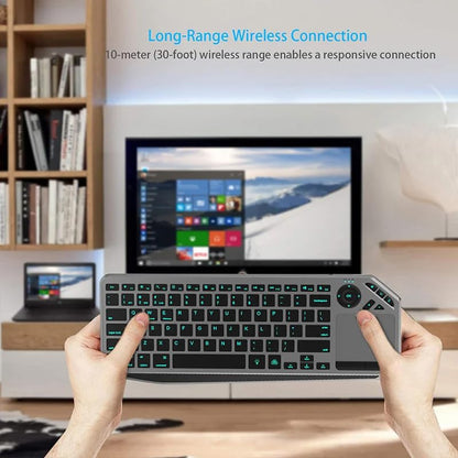 JOMAA 2.4G Wireless Bluetooth Dual Mode Connection TV Keyboard with Touchpad Media Control Multimedia Rechargeable 7Color Backlit Keyboard for Computer, Smart TV, Desktop, Laptop, iPad, Tablet