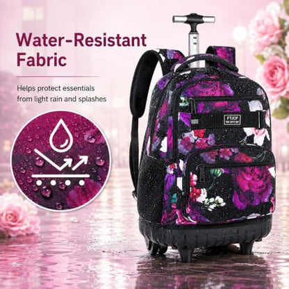 3Pcs Rolling Backpack for Girls, 19 Inche Rose Roller Bag with Wheels, Adults Wheeled Bookbag Set for Women(Black) - color: Rose Black02