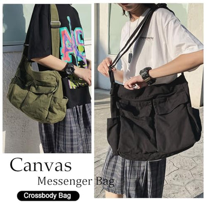 KlaOYer Canvas Messenger Bag Large Hobo Bag Crossbody Shoulder Bag Tote Bag with Pocket for Women and Men - color: Black