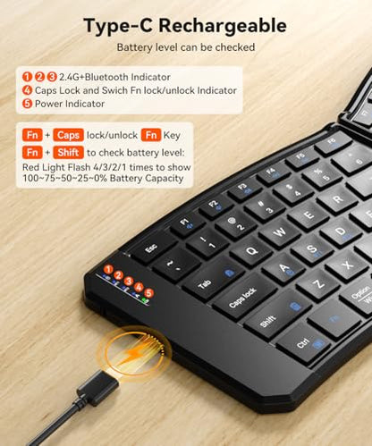 Omikamo Ergonomic Foldable Bluetooth Keyboard, 3-Device Dual-Mode | 2.4G+BTx2 Ultra Slim Portable Wireless Folding Travel Keyboard for Windows, iOS, Android, Mac, Leg Use