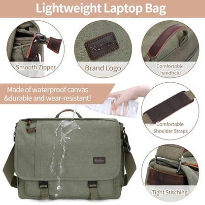 Nerlion Messenger Bag for Men 17-17.3 Inch Laptop Bag Canvas Water-resistant Computer Bag Shoulder Bag Work Briefcase Bookbag for College (Green) - color: Green
