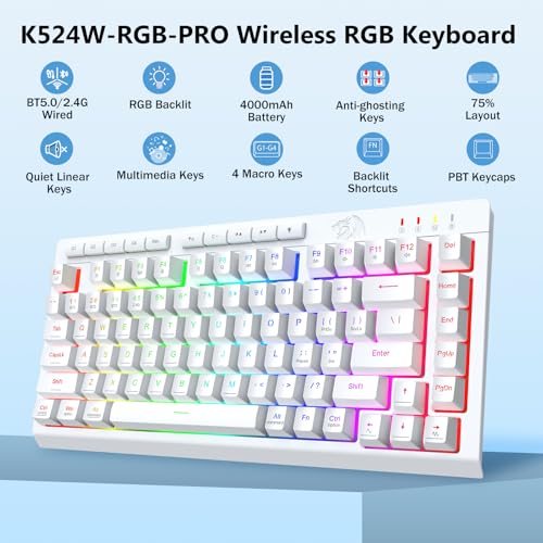 Redragon Wireless Gaming Keyboard, Bluetooth/2.4GHz/USB-C Wired, RGB Backlit, Portable 75% Mini Quiet Macro Membrane Keyboard, Rechargeable 4000mAh Battery, Anti-Ghosting for Win/MAC, White - color: White