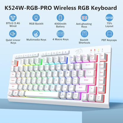 Redragon Wireless Gaming Keyboard, Bluetooth/2.4GHz/USB-C Wired, RGB Backlit, Portable 75% Mini Quiet Macro Membrane Keyboard, Rechargeable 4000mAh Battery, Anti-Ghosting for Win/MAC, White - color: White