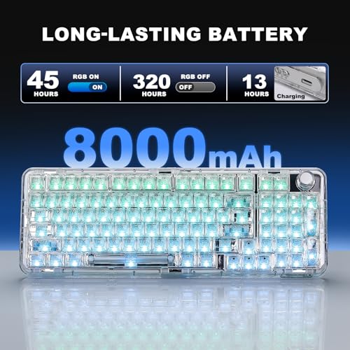 YUNZII X98 Wireless Mechanical Keyboard with Knob (White, Crystal Switch) | BT5.0/USB-C/2.4GHz,1800 Layout with Number Pad,Pre-lubed Switches Gasket Mount ,Clear Keyboard with RGB for Wins/Mac/Gaming - color: White, size: Crystal Switch