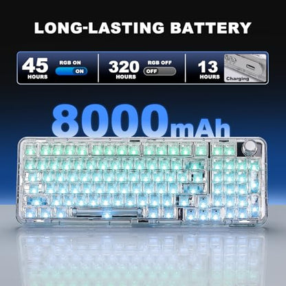 YUNZII X98 Wireless Mechanical Keyboard with Knob (White, Crystal Switch) | BT5.0/USB-C/2.4GHz,1800 Layout with Number Pad,Pre-lubed Switches Gasket Mount ,Clear Keyboard with RGB for Wins/Mac/Gaming - color: White, size: Crystal Switch