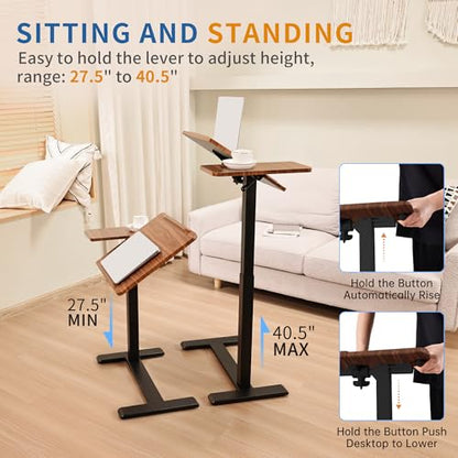 Adjustable Overbed Bedside Table with Hidden Wheels, Pneumatic Tilt Board Rolling Laptop Standing Desk Cart, Mobile Over Bed Sofa Chair Side End Tables, Walnut (Walnut) - color: Walnut