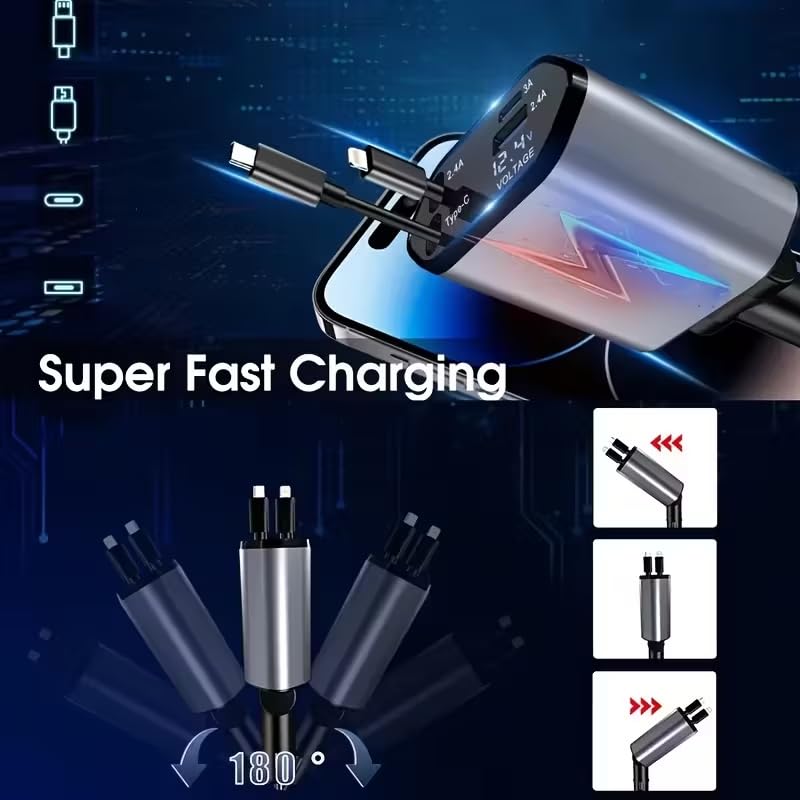 1Pc 120W 4-in-1 Telescopic Car Charger with 180° Rotating Base, 2.6 Feet (79.25Cm) Multi-Protocol Transmission Cable (PD, QC3.0), USB Type-C, Fast Charging Adapter Compatible with iPhone and Andorid