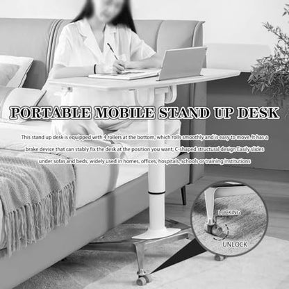 Height Adjustable Desk Conference Room Lift Speech Sit Stand Desk, School Mobile Podium with Rollers, Foldable Tilting Desktop Side Table, Fixed Slot and Fence(White) - color: White